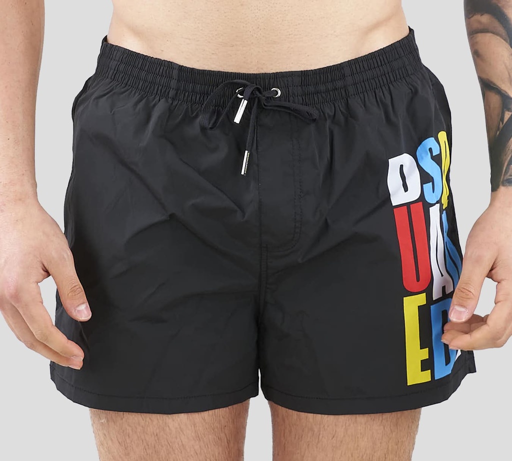 Dsquared2 - SHORT DE PLAYA MIDI, NEGRO CON LOGO MULTICOLOR