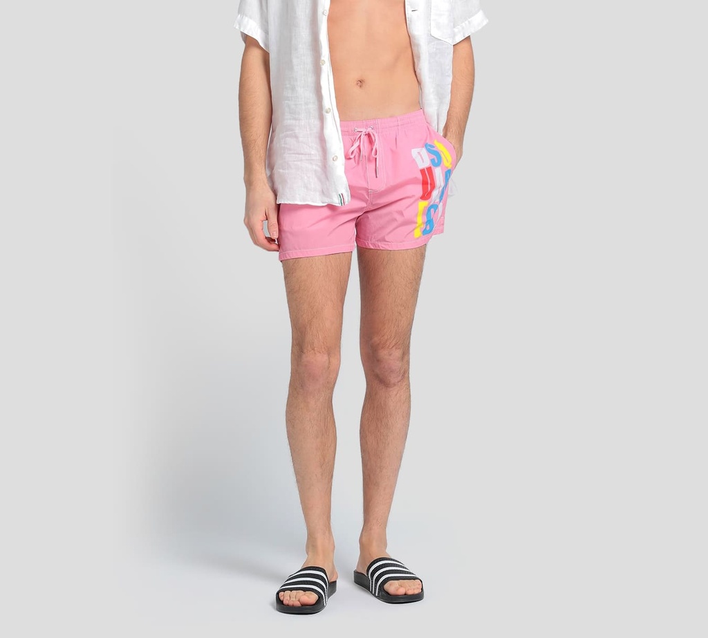 Dsquared2 - SHORT DE PLAYA MIDI, ROSADO CON LETRAS MULTICOLOR