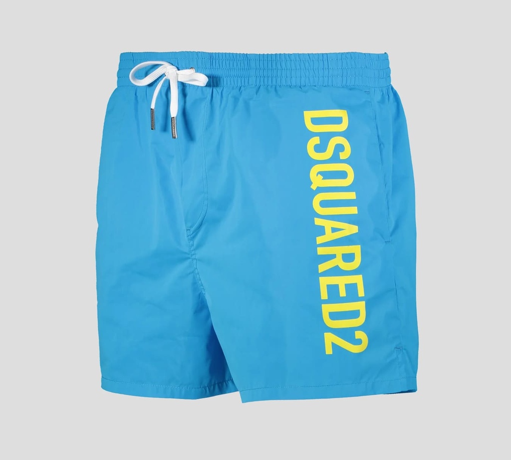 Dsquared2 - SHORT DE PLAYA MIDI, AZUL CON LETRAS AMARILLAS