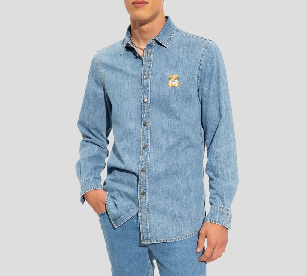 Moschino - CAMISA JEANS "BEAR" CON BORDADO ROJO