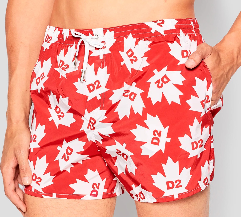 Dsquared2 - SHORT DE PLAYA ROJO, ESTAMPADO DE HOJA DE MAPLE Y LOGO D2
