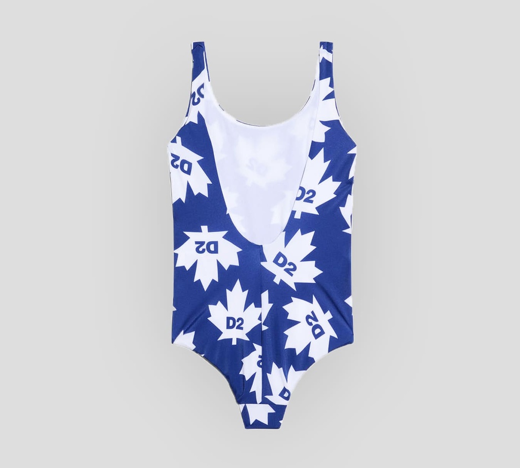 Dsquared2 - TRAJE DE BAÑO ENTERO AZUL Y BLANCO CON LOGO DE FLOR DE MAPLE D2