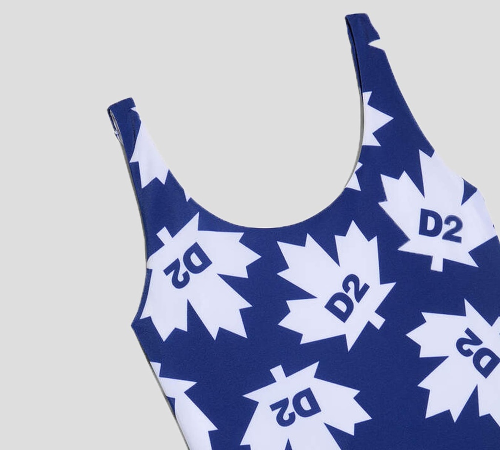Dsquared2 - TRAJE DE BAÑO ENTERO AZUL Y BLANCO CON LOGO DE FLOR DE MAPLE D2