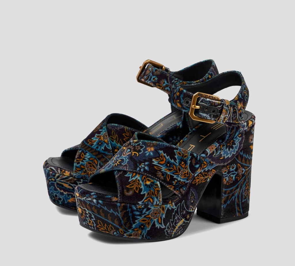 Etro - SANDALIAS DE PLATAFORMA EN TERCIOPELO CON ESTAMPADO PAISLEY
