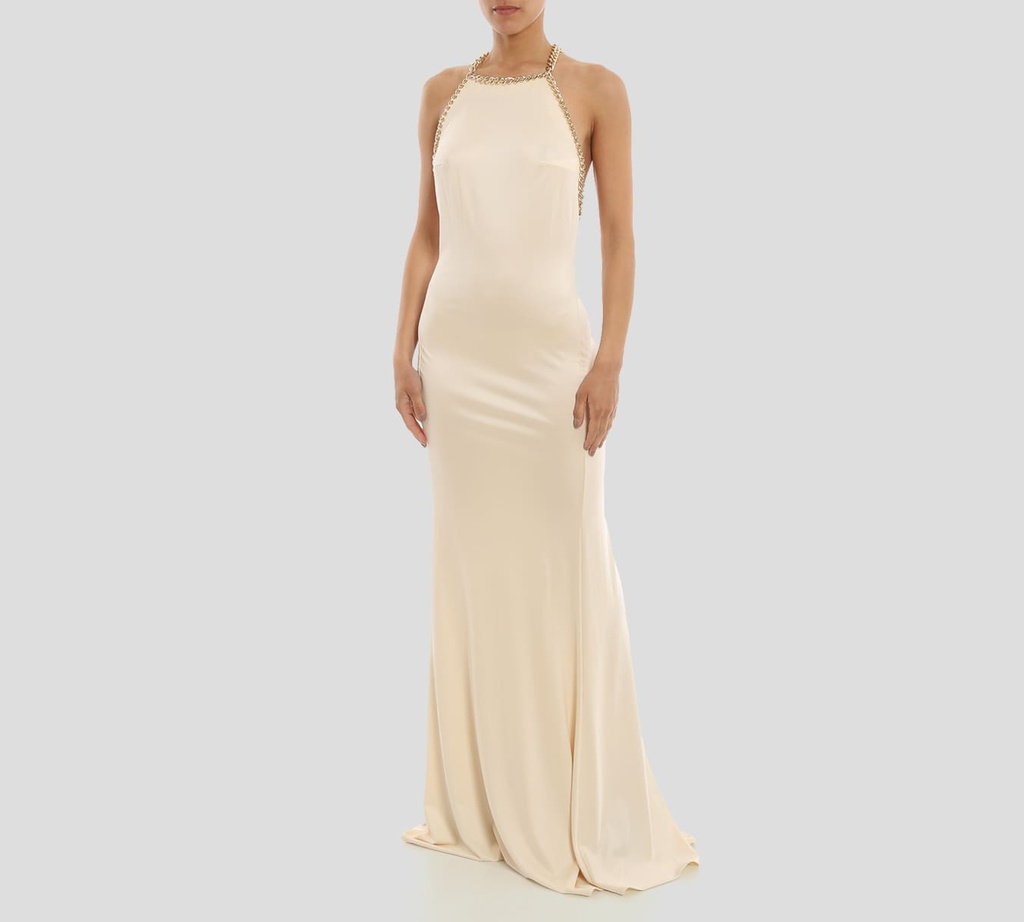Elisabetta Franchi - VESTIDO CREMA BORDE DE CADENAS DORADAS