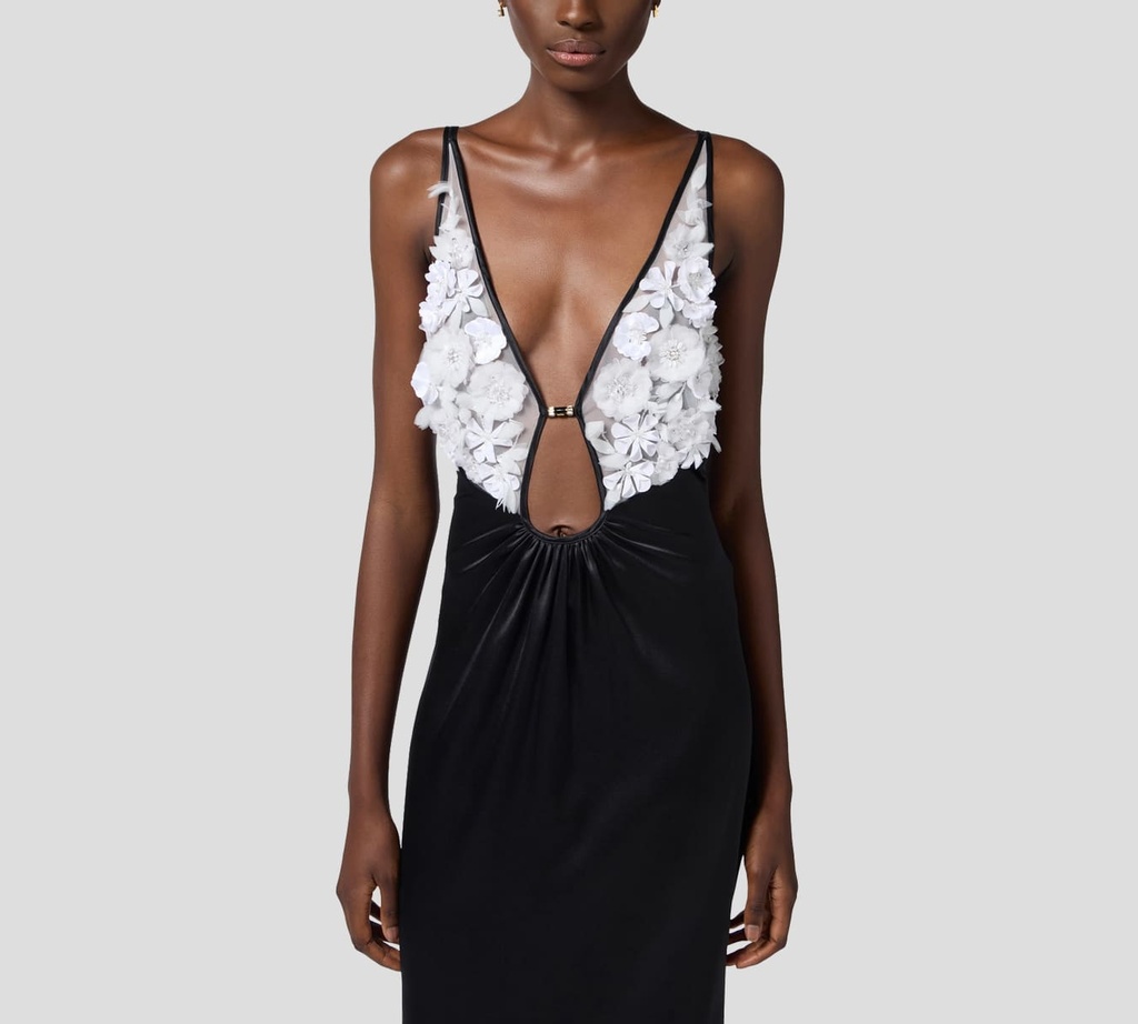 Elisabetta Franchi - VESTIDO LARGO DE SEDA Y TUL CON FLORES 3D BORDADAS 