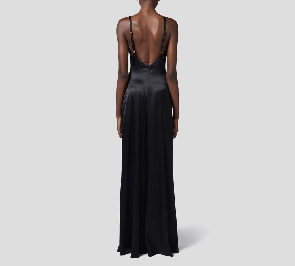 Elisabetta Franchi - VESTIDO LARGO DE SEDA Y TUL CON FLORES 3D BORDADAS 