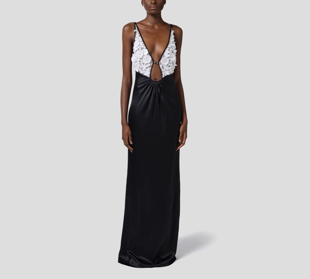 Elisabetta Franchi - VESTIDO LARGO DE SEDA Y TUL CON FLORES 3D BORDADAS 