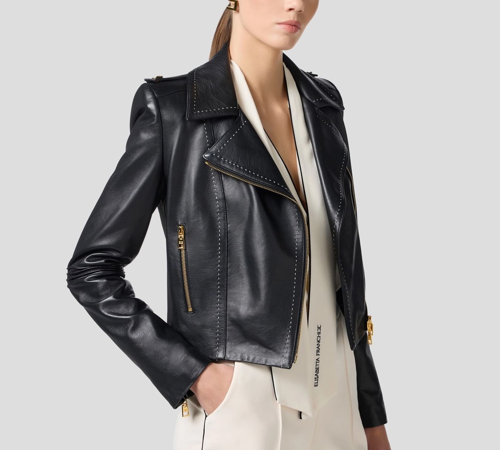 Elisabetta Franchi - CHAQUETA DE CUERO NEGRO CON COSTURAS EN BLANCO