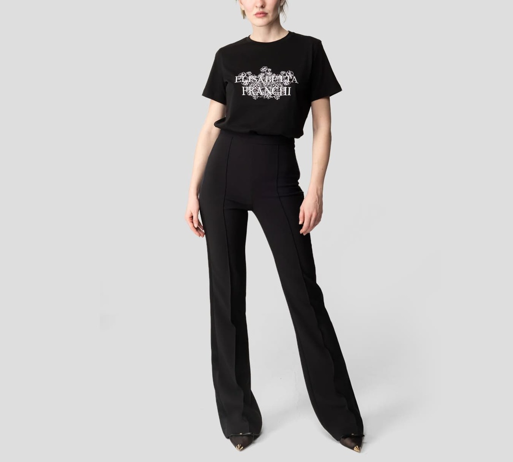 Elisabetta Franchi - FRANELA CUELLO REDONDO CON FLORES Y LOGO BORDADO