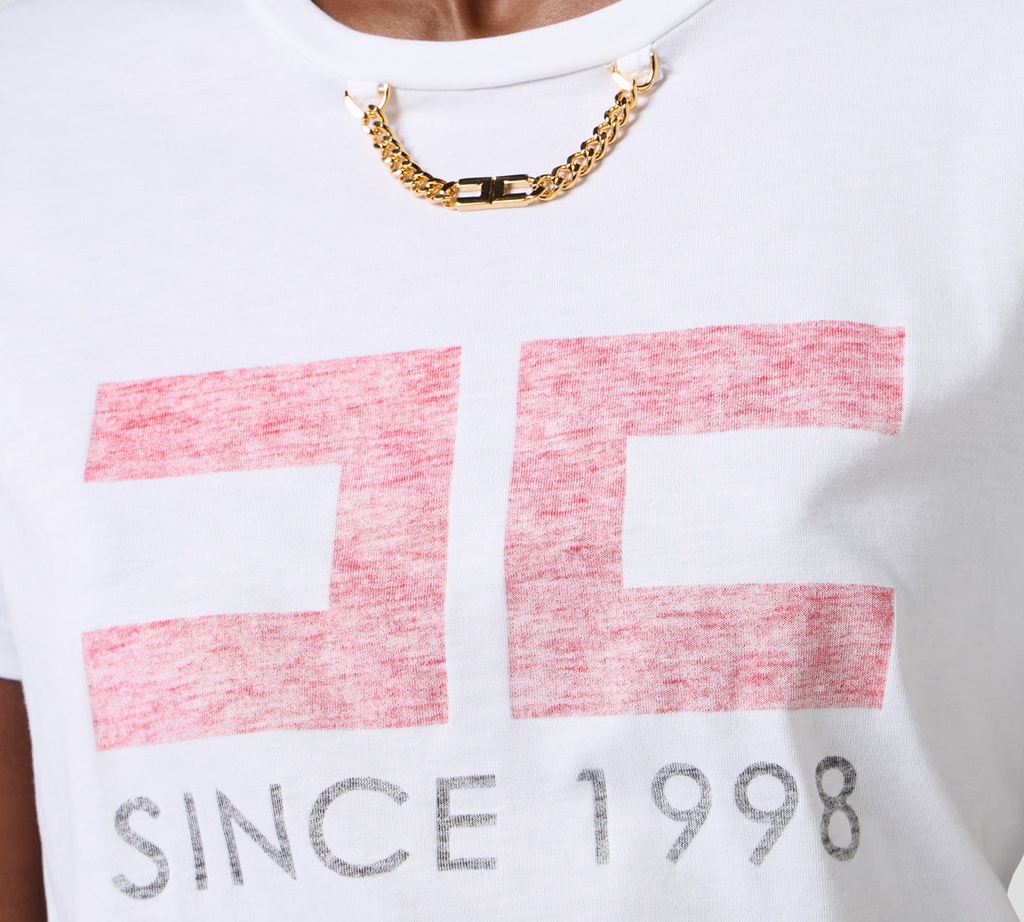 Elisabetta Franchi - FRANELA BLANCA CON CADENA Y LOGO EN ROJO