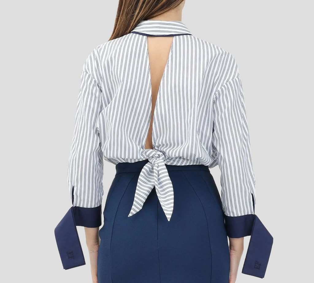 Elisabetta Franchi - TOPS MANGA LARGA BLANCO CON LINEAS Y PUÑOS AZULES