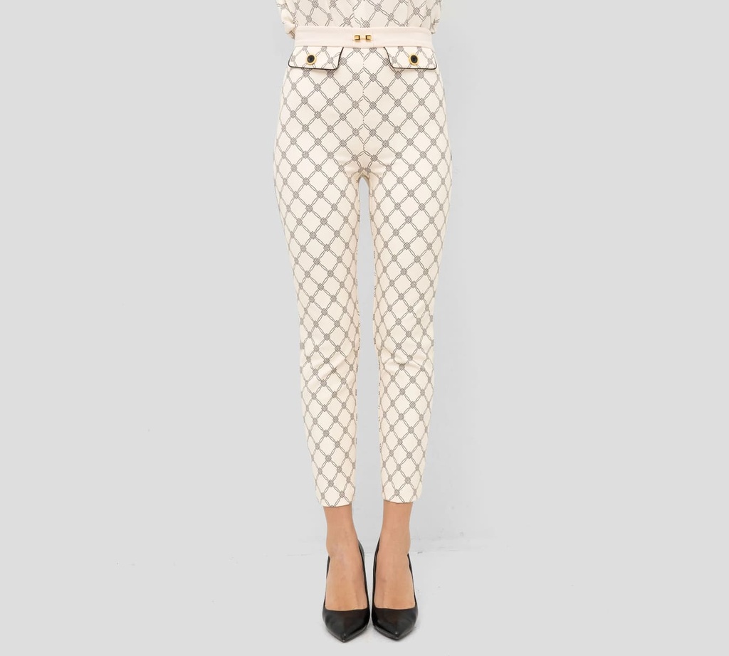 Elisabetta Franchi - PANTALON BEIGE CON PATRON DE LOGO NEGRO