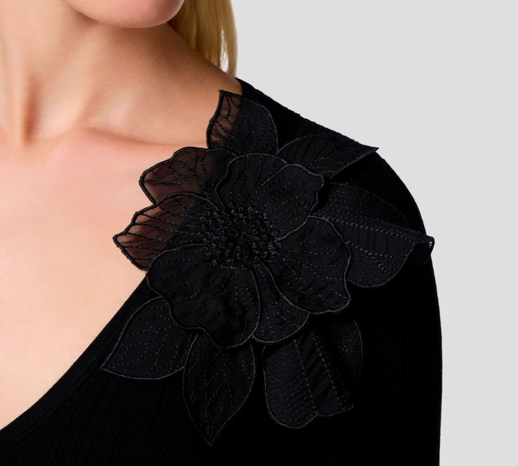 Elisabetta Franchi - BLUSA NEGRA MANGA LARGA CON FLOR EN EL CUELLO