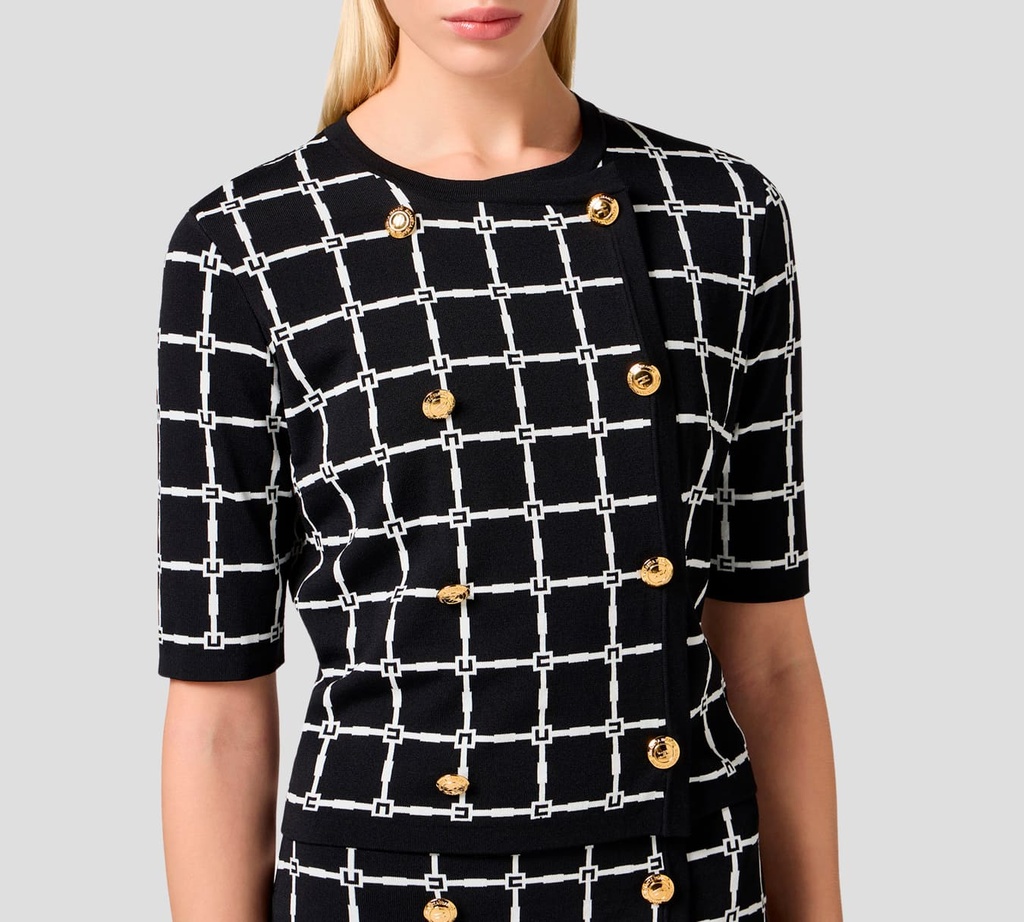 Elisabetta Franchi - BLUSA NEGRA CON PATRON DE LOGO BLANCO DESABROCHABLE