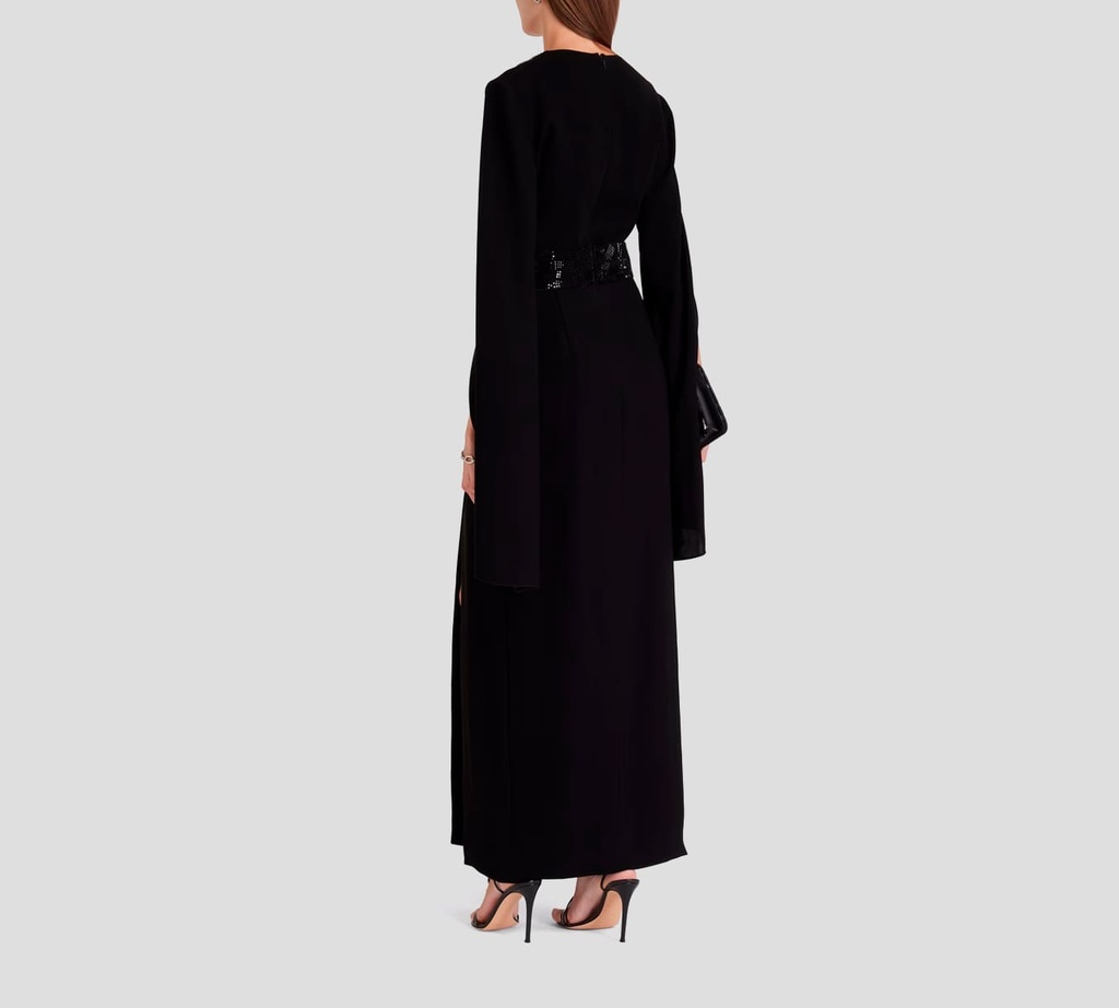 Elie Saab - VESTIDO MIDI NEGRO EN CREPE CON DETALLES BRILLANTES