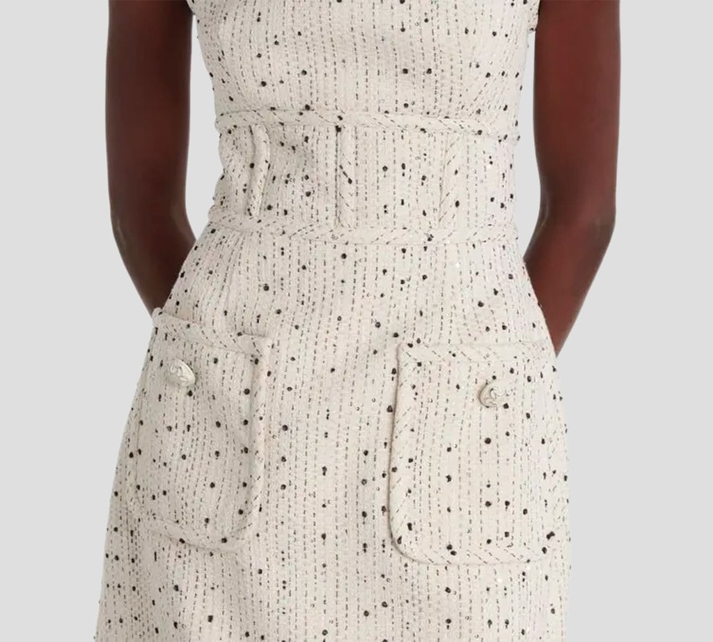 Elie Saab - VESTIDO OFF WHITE CON NEGRO SIN MANGAS Y BOLSILLOS