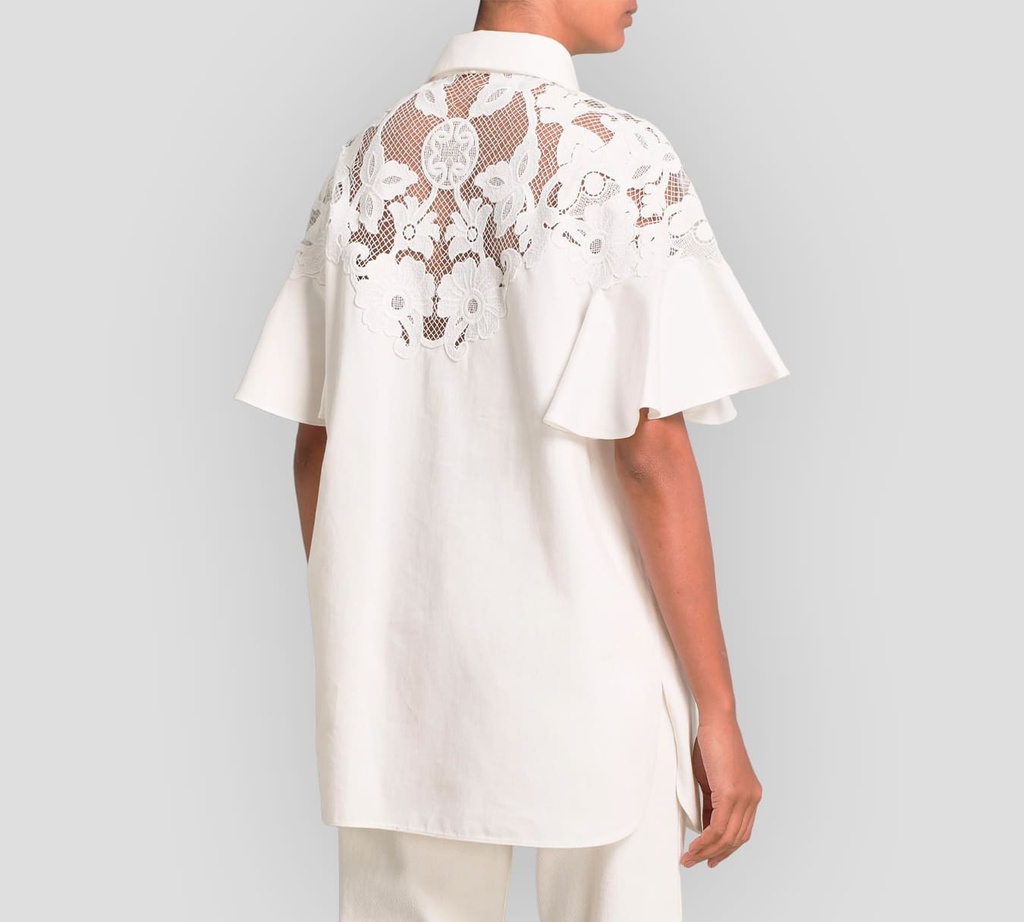 Elie Saab - BLUSA BLANCA CON ENCAJE EN HOMBROS Y BUFANDA