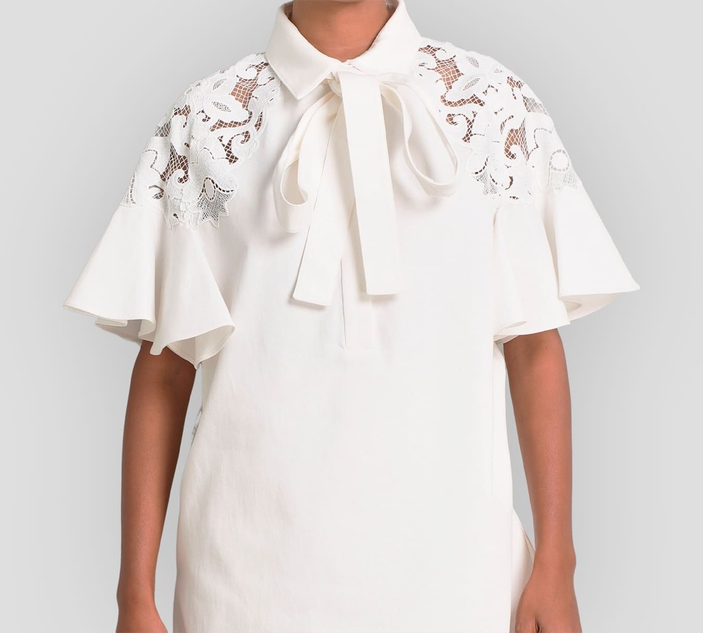 Elie Saab - BLUSA BLANCA CON ENCAJE EN HOMBROS Y BUFANDA
