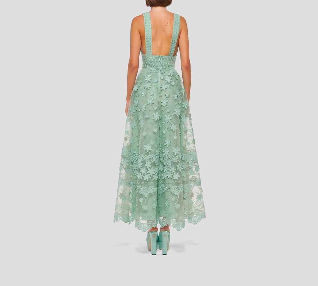 Elie Saab - VESTIDO MIDI, TUL BORDADO, AGUAMARINA