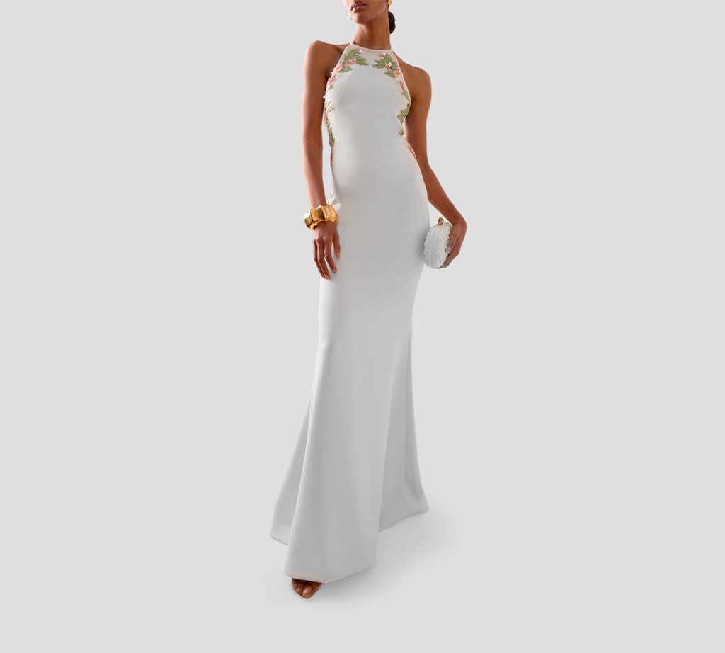Elie Saab - VESTIDO LARGO BORDADO, CADY Y TUL MULTICOLOR Y BLANCO