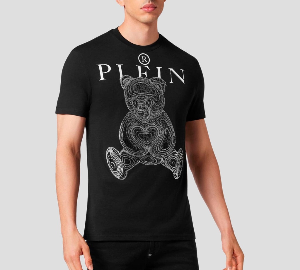 Philipp Plein - CAMISETA CUELLO REDONDO CON CRISTALES TEDDY BEAR NEGRO BLANCO
