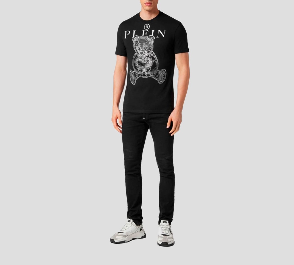 Philipp Plein - CAMISETA CUELLO REDONDO CON CRISTALES TEDDY BEAR NEGRO BLANCO