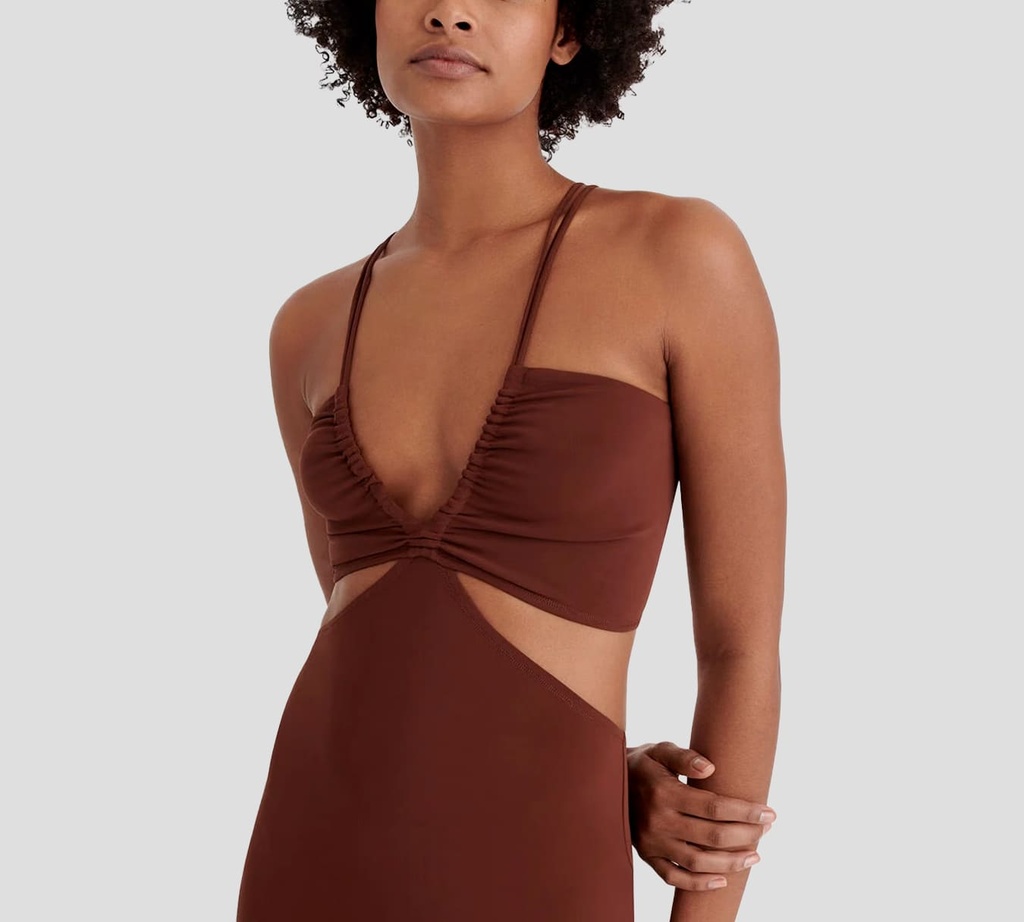 Eres - VESTIDO MARRON LARGO DESCUBIERTO EN EL MEDIO CON DETALLES DORADOS