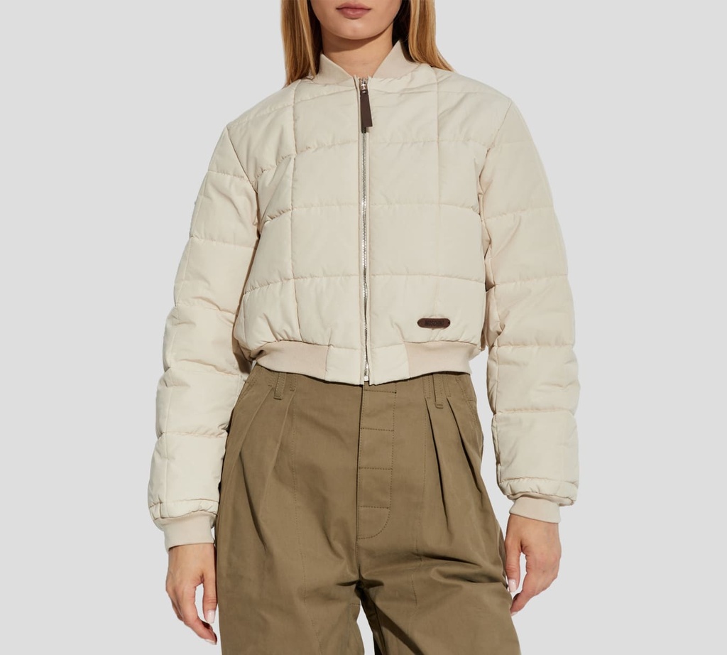 Moschino - CHAQUETA BOMBER BEIGE DETALLE EN CUERO MARRON