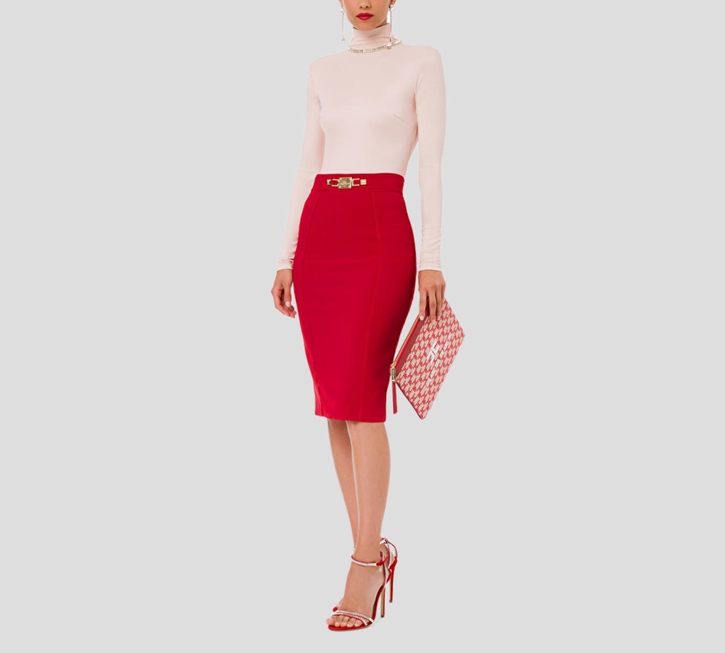 Elisabetta Franchi - FALDA TERCIOPELOROJO CON BROCHE DORADO