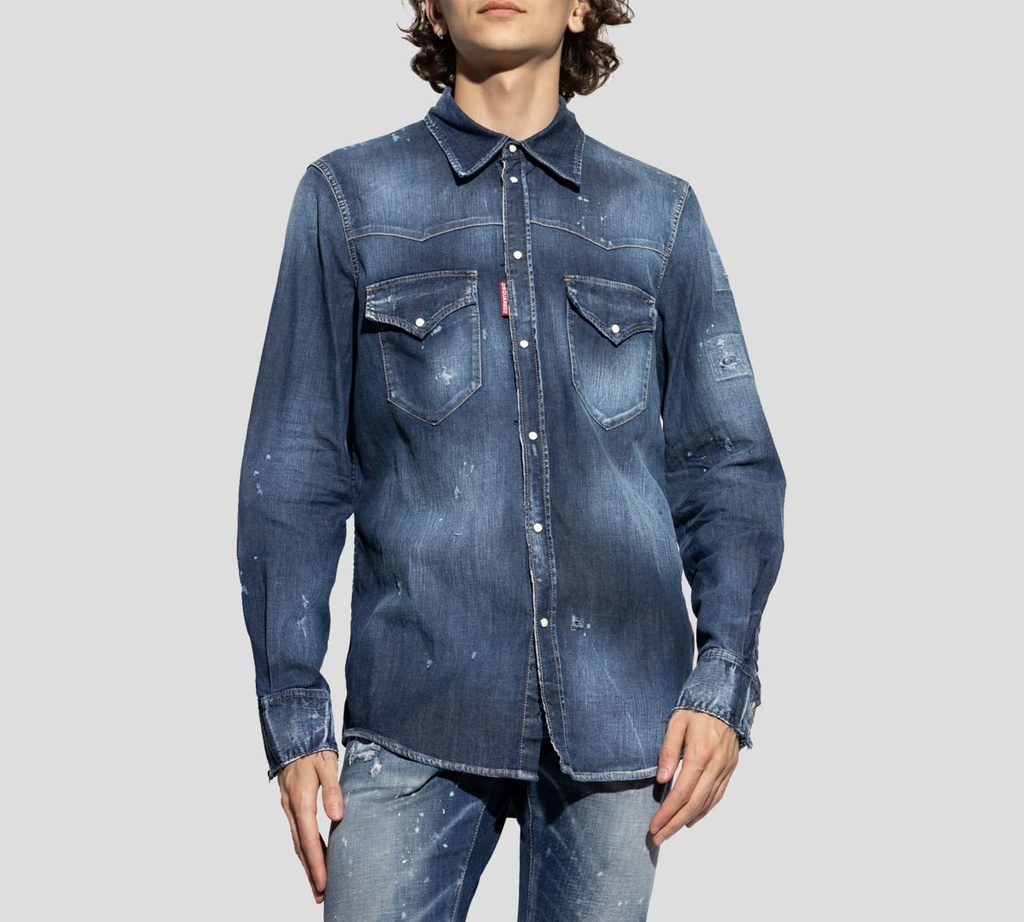 Dsquared2 - CAMISA DENIM DE JEAN CON ROTOS Y BOTONES BLANCOS