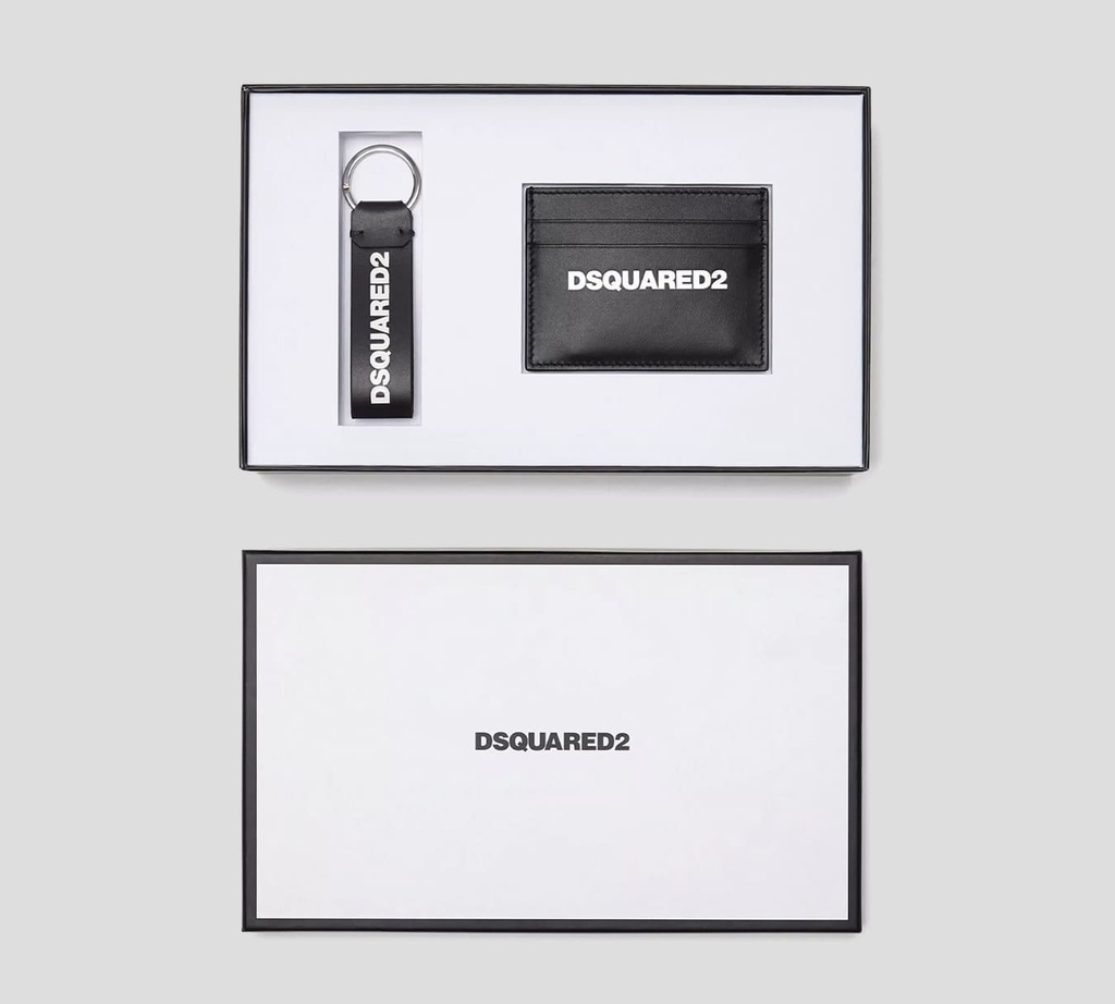 Dsquared2 - SET DE TARJETERO NEGRO Y LLAVERO EN CUERO CON LOGO EN RELIEVE
