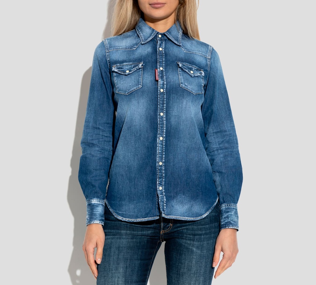 Dsquared2 - CAMISA DE JEAN MANGA LARGA CON DOBLE BOLSILLO FRONTAL CON DETALLES PRELAVADOS