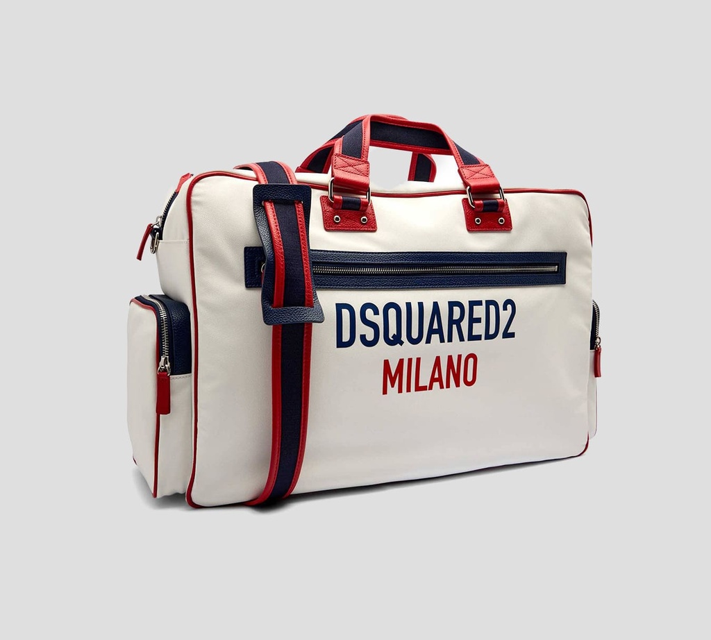 Dsquared2 Icon - BOLSO VIAJERO MILANO GRANDE EN BLANCO CON AZUL Y ROJO