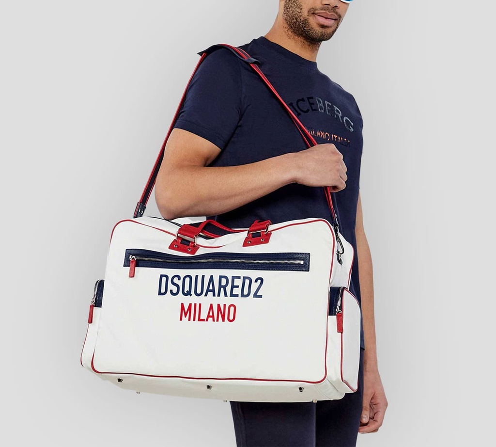Dsquared2 Icon - BOLSO VIAJERO MILANO GRANDE EN BLANCO CON AZUL Y ROJO