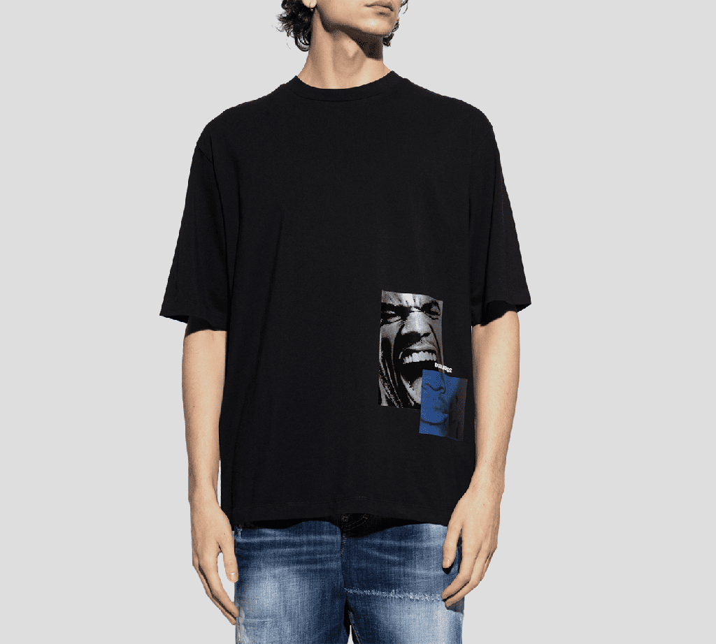 Dsquared2 - FRANELA CUELLO REDONDO NEGRA CON ESTAMPADO DE ROSTRO