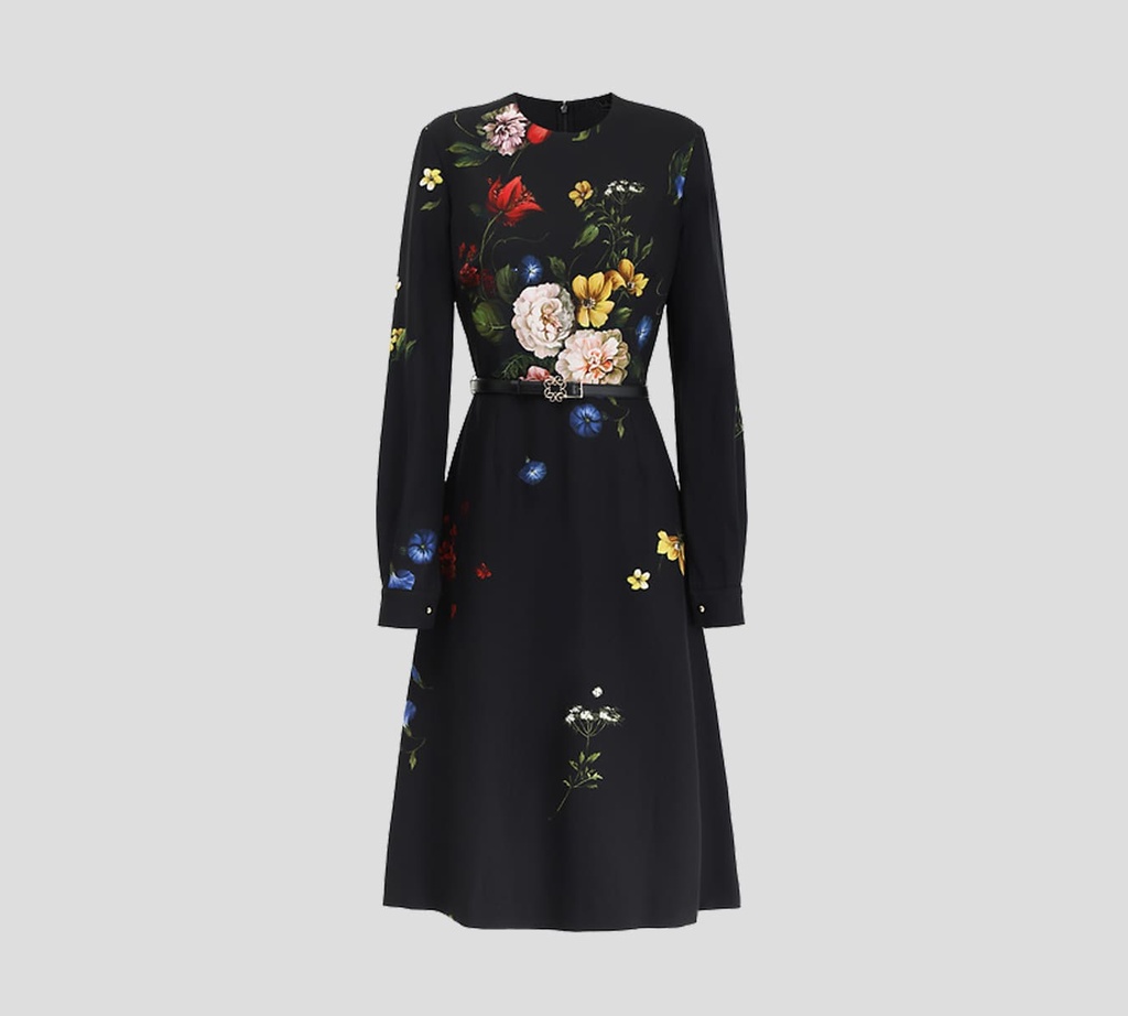 Elie, Saab - VESTIDO MIDI MANGA LARGA EN CREPÉ CON ESTAMPADO DE FLORES