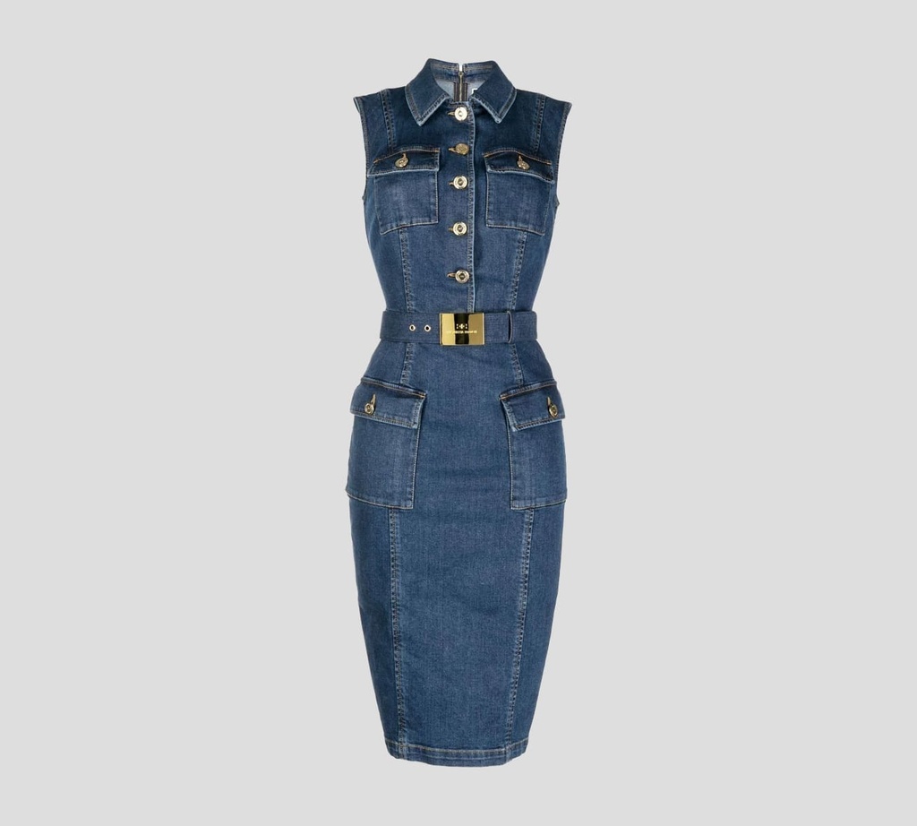 Elisabetta Franchi - VESTIDO DE JEAN CEÑIDO HASTA LA RODILLA CON CINTURON