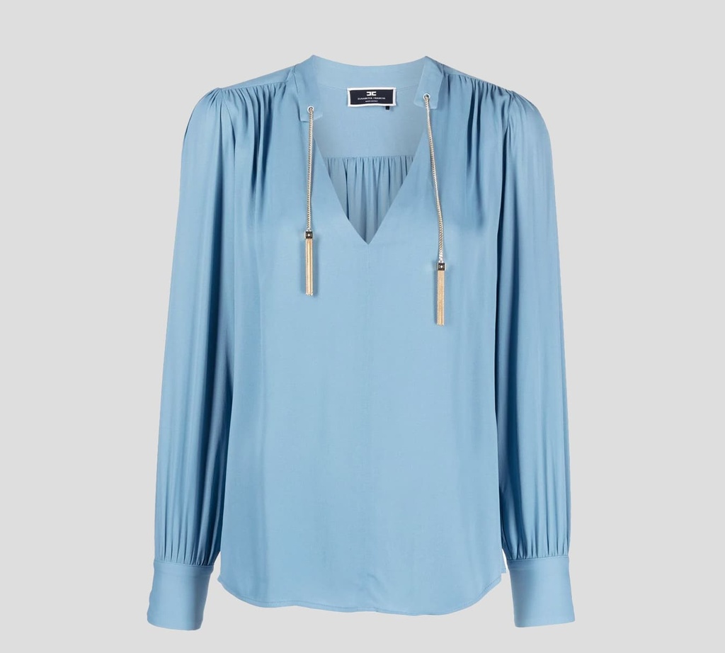 Elisabetta Franchi - BLUSA MANGA LARGA CON CUELLO "V" Y DETALLE DE CADENA