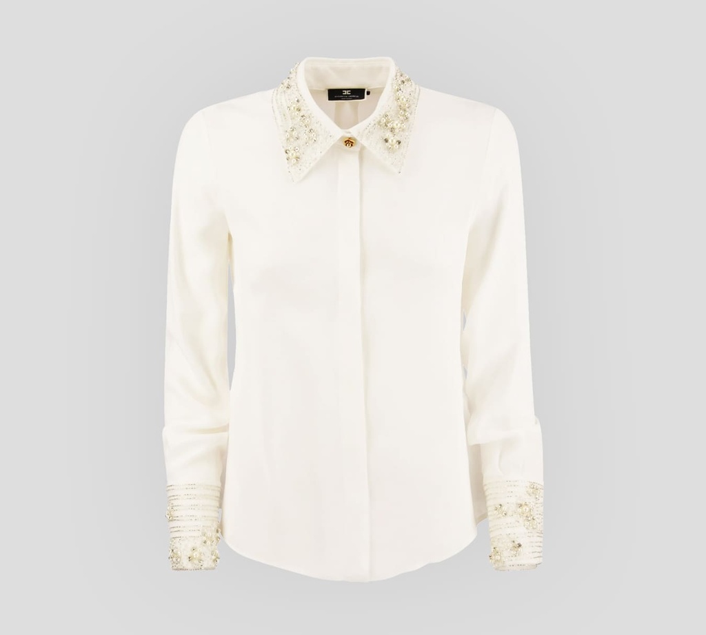 Elisabetta Franchi - BLUSA MANGA LARGA CON PEDRERIA EN CUELLO Y MANGAS