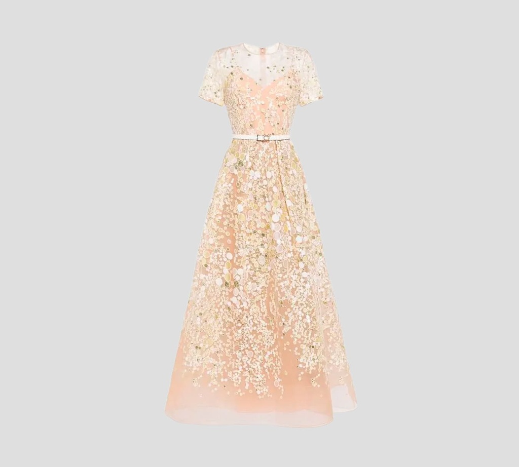 Elie Saab - VESTIDO MIDI DE TUL CON CINTURÓN Y BORDADO DE LUNARES BRILLANTES