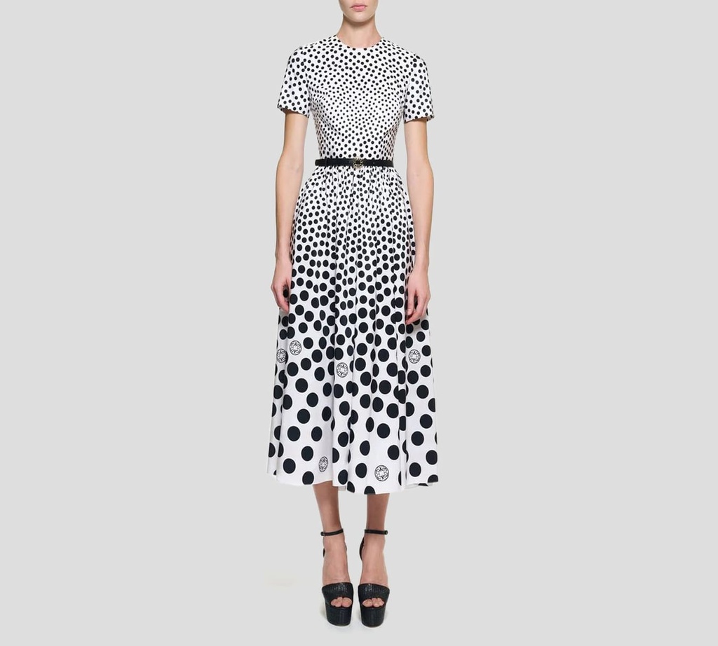 Elie Saab - VESTIDO MIDI DE TAFETÁN CON CINTURÓN, ESTAMPADO DE LUNARES