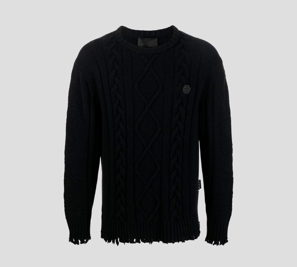 Philipp Plein - SWEATER TEJIDO CUELLO REDONDO CON ACABADOS DESHILACHADOS