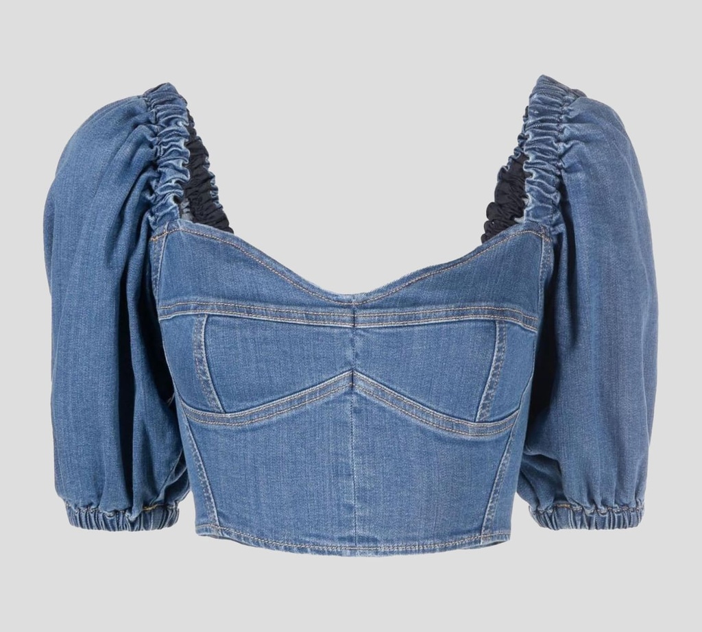 Elisabetta Franchi - TOP DE JEAN CON ESCOTE BUSTIER Y MANGAS ABULLONADAS
