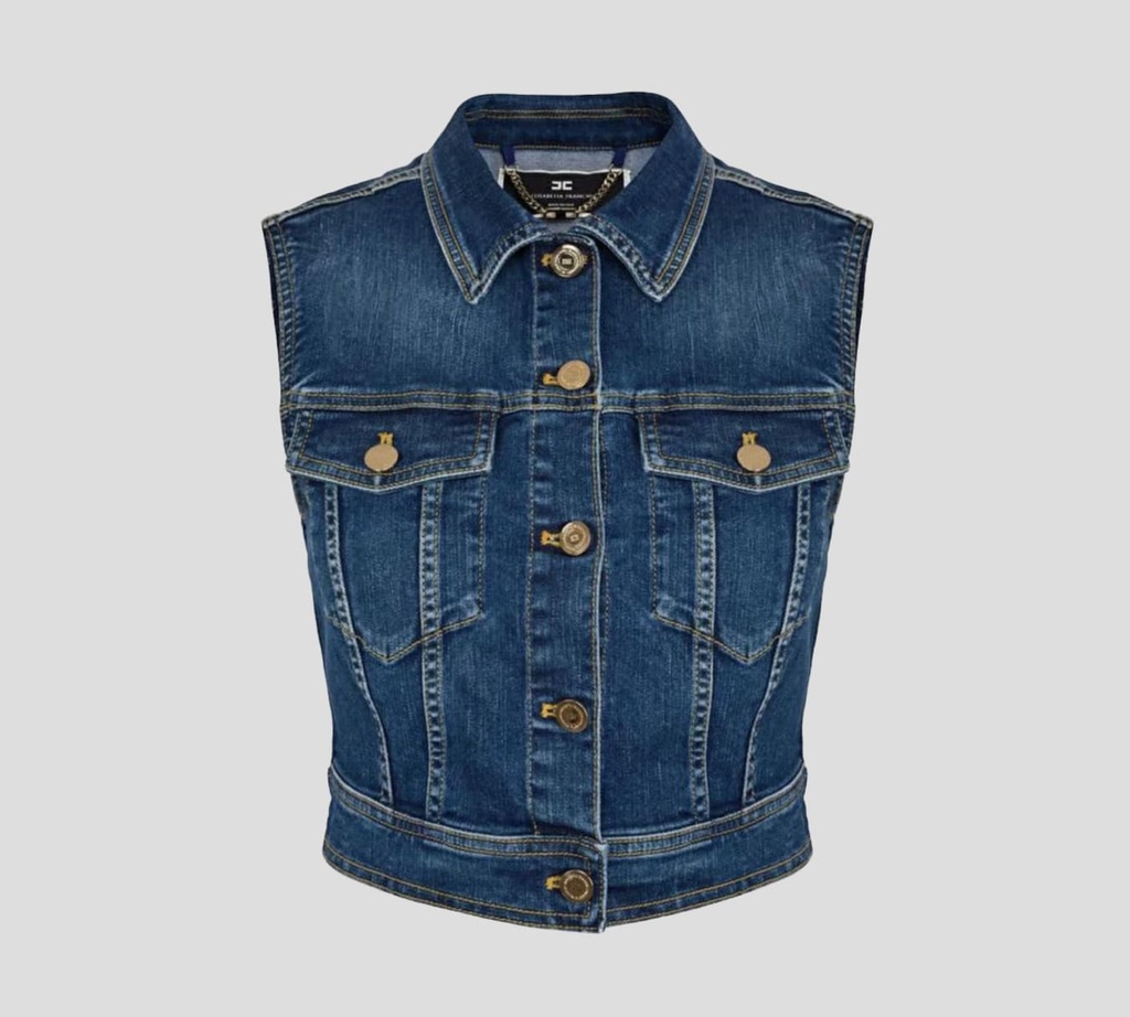 Elisabetta Franchi - CHALECO DE JEAN TALLE CORTO ABOTONADO AL FRENTE