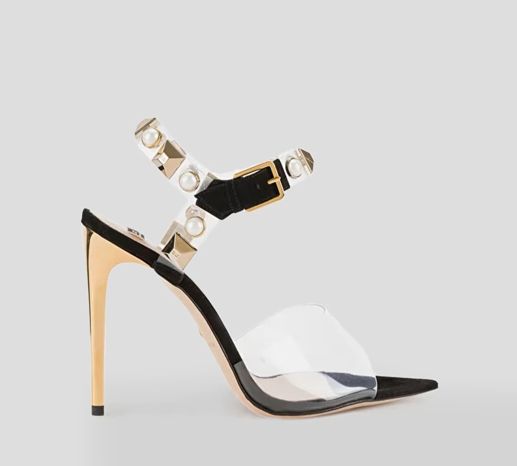 Elisabetta Franchi - SANDALIAS TRANSPARENTES CON AMARRE AL TOBILLO Y APLIQUES METÁLICOS