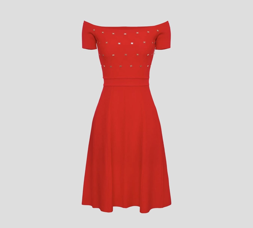 Elisabetta Franchi - VESTIDO CORTE "A" CON BROCHES DE PLATA SOBRE EL PECHO