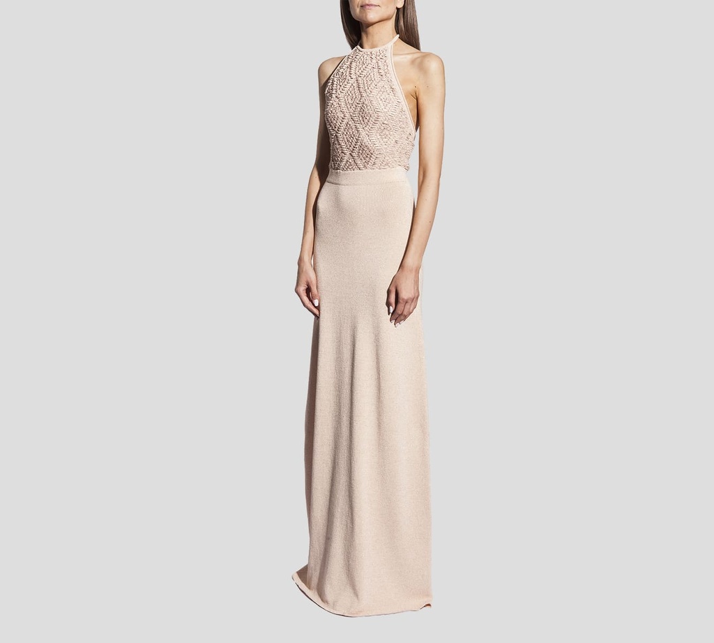 Elisabetta Franchi - VESTIDO LARGO DE PUNTO BRILLANTE CON DETALLE TEJIDO SOBRE EL BUSTO