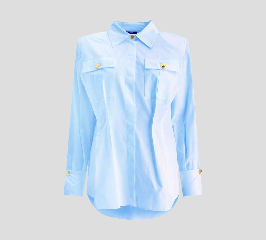 Elisabetta Franchi - BLUSA OVERSIZE OXFORD CON PLIEGUES Y BOTONES DORADOS