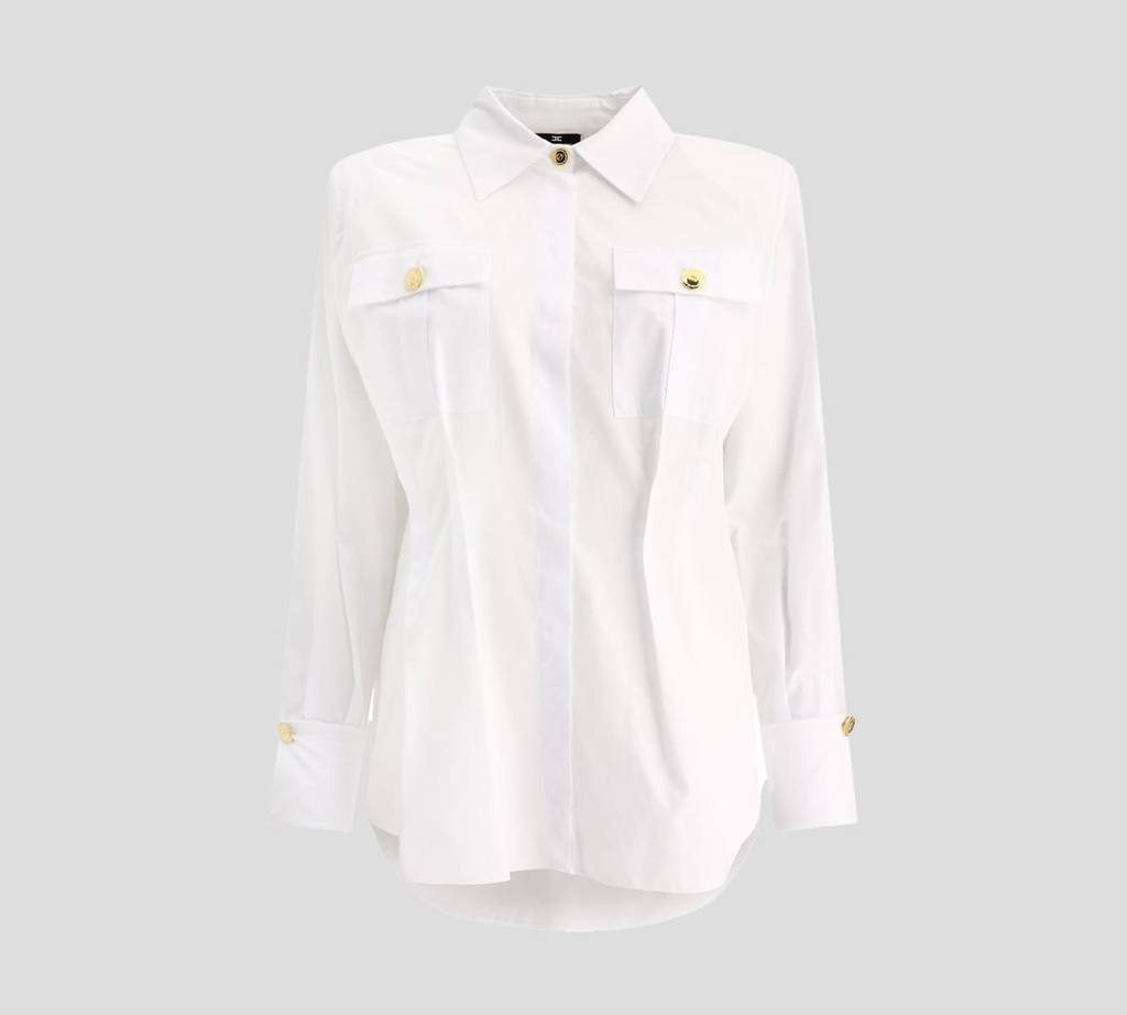 Elisabetta Franchi - BLUSA OVERSIZE OXFORD CON PLIEGUES Y BOTONES DORADOS